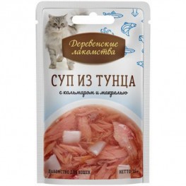 Деревенские лакомства пауч д/кош. Суп из тунца с кальмаром и макрелью 35г